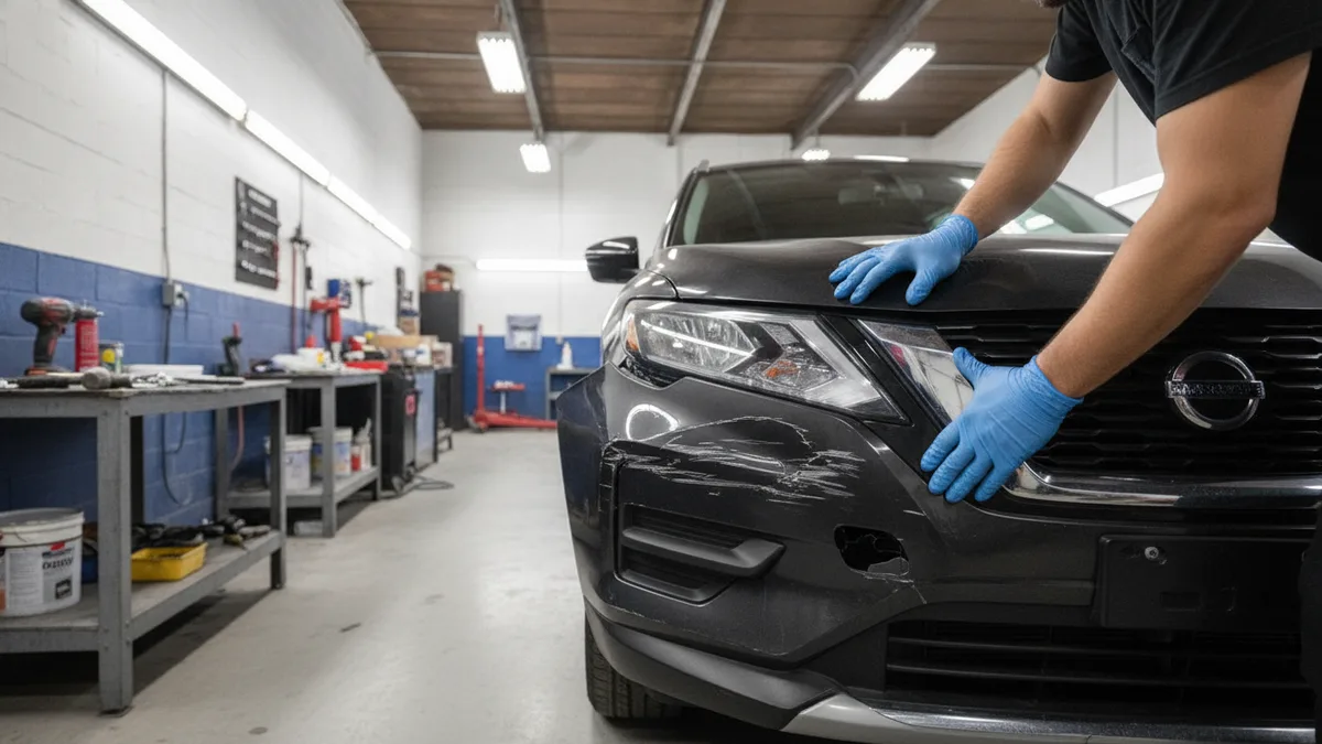 Technician inspecting a damaged bumper on a vehicle inside an auto body repair shop