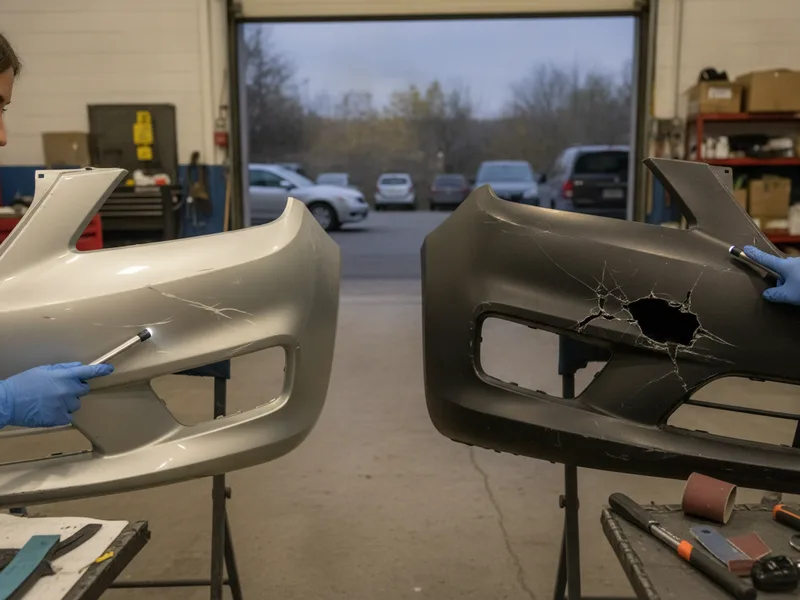 Two bumpers showing different levels of damage: one with minor dents and scratches, one with severe creasing and structural d