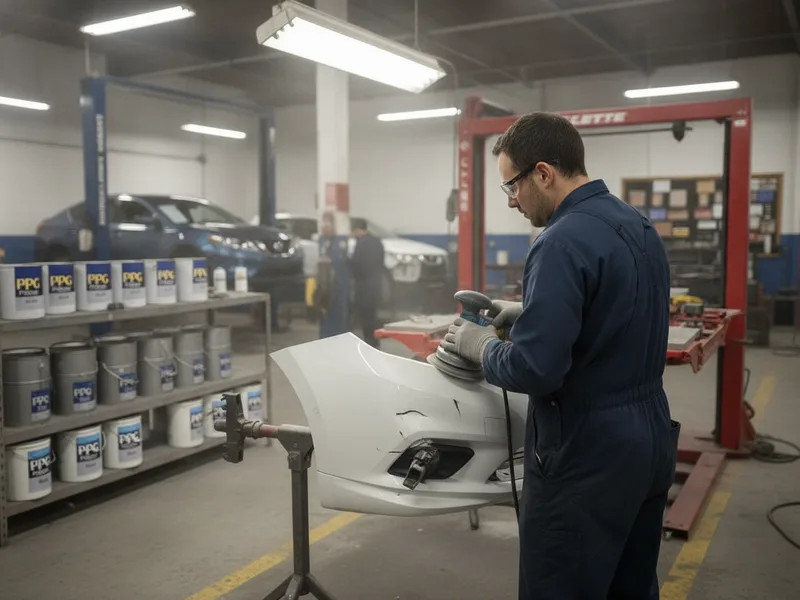 Technician using pneumatic tools to repair a dent in a bumper held in a repair clamp
