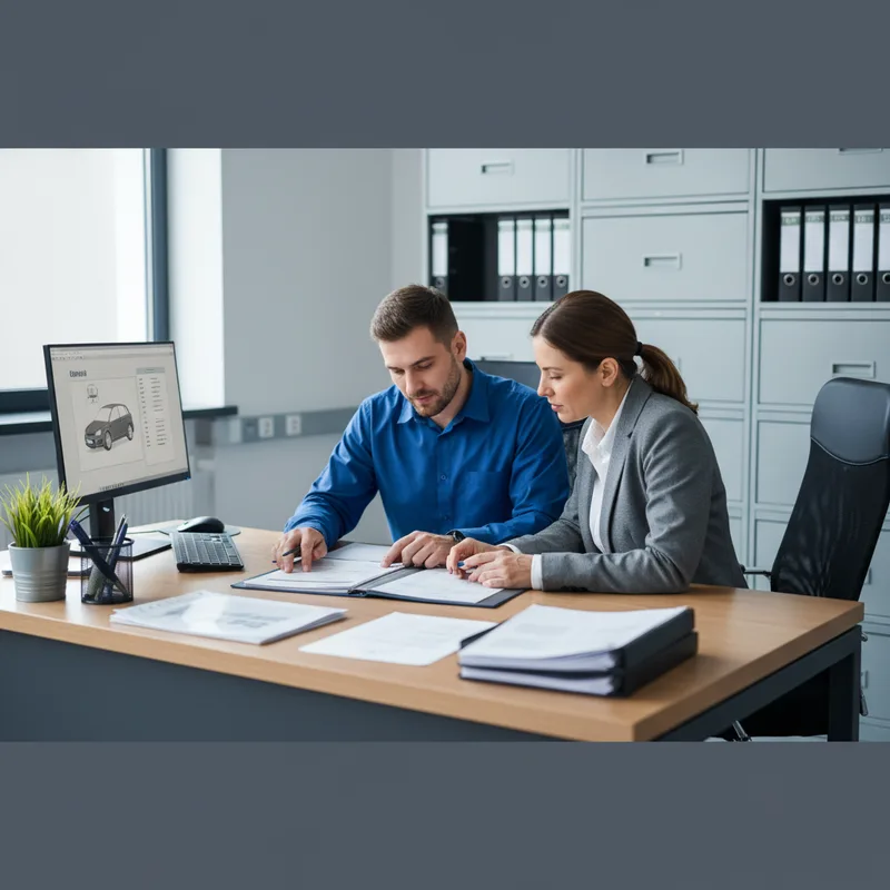 Customer service representative at desk reviewing repair estimate documentation with a customer, computer screen visible, ...