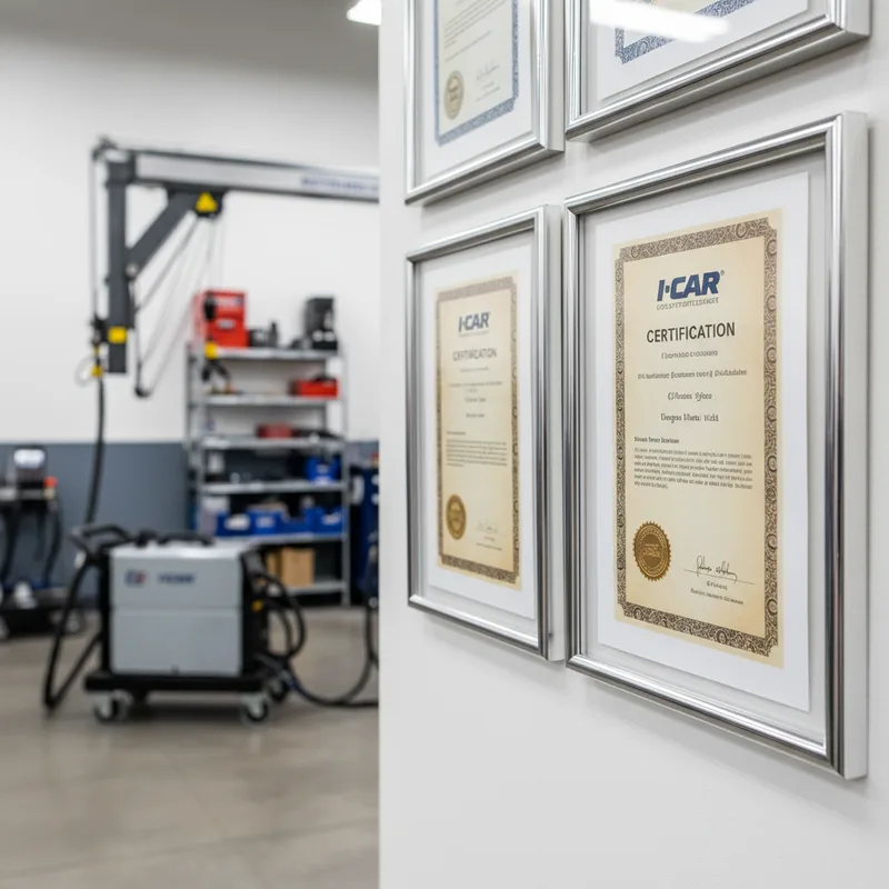 Close-up shot of I-CAR certification documents and credentials displayed in a professional shop setting, with modern weldi...