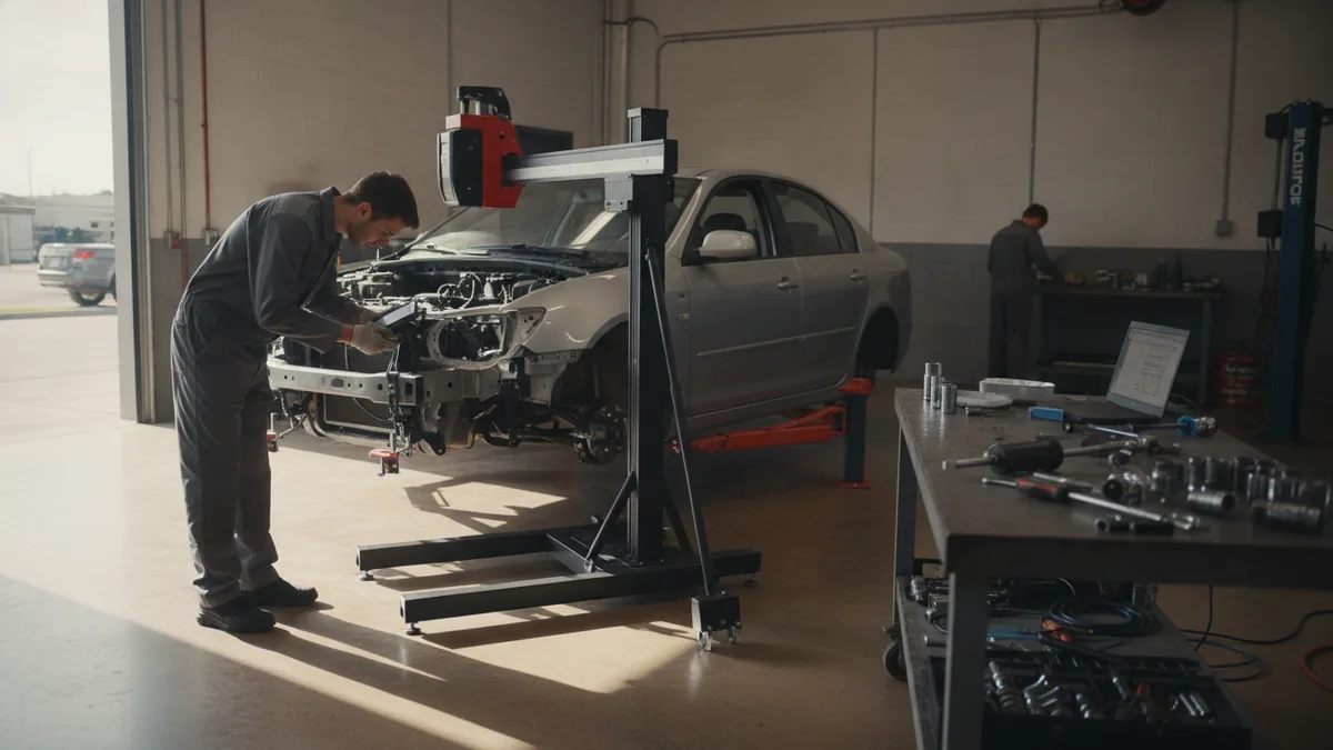 Auto technician inspecting vehicle frame alignment on precision measuring equipment in a collision repair shop.