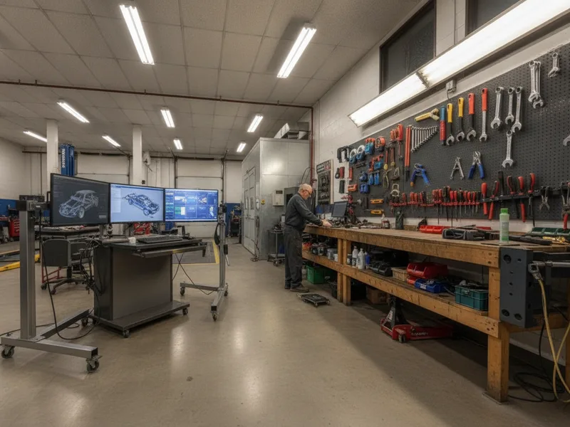Modern collision repair bay equipped with computerized diagnostic systems and precision measuring equipment.