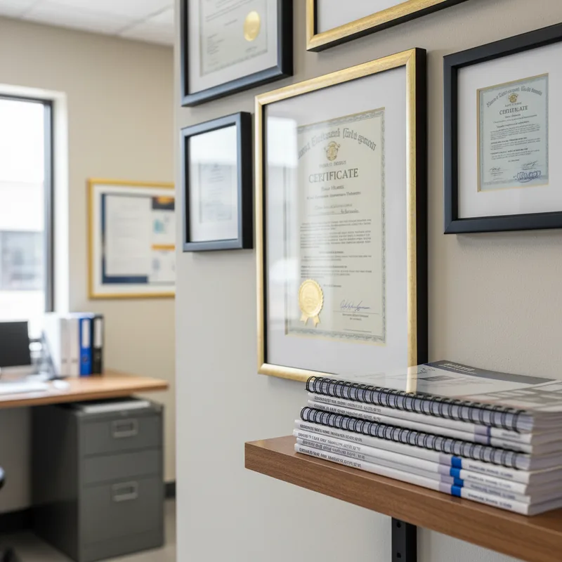 Close-up of certification documentation and training materials displayed in a shop office, with diploma or certificate cle...