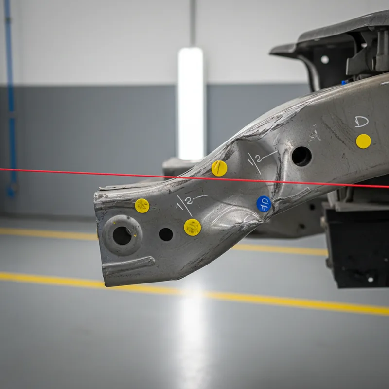 Close-up detail of a damaged vehicle frame showing misalignment, with measurement points and reference marks visible
