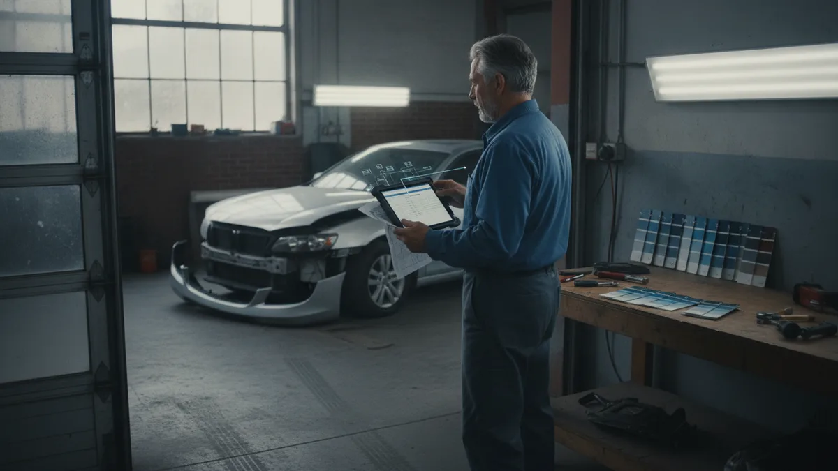 Auto body technician reviewing repair estimate on tablet in a garage with damaged vehicle in background.