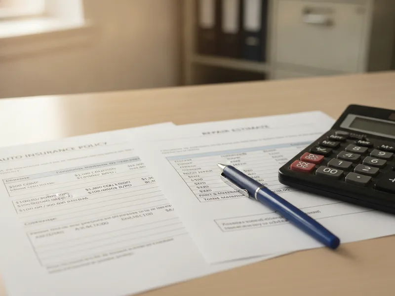 Insurance policy and auto repair estimate documents with calculator on a desk.