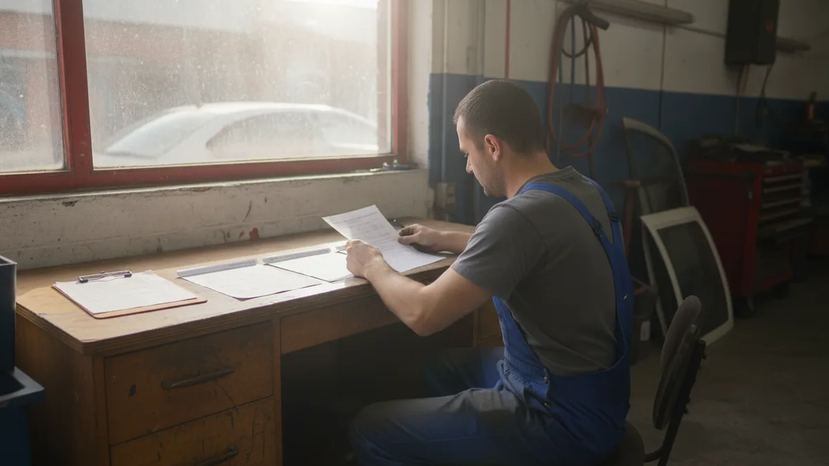 Technician reviewing multiple written car repair estimates at a workshop desk with natural light.
