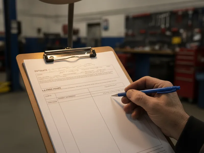 Close-up of a written car repair estimate showing itemized parts, labor, and warranty sections.