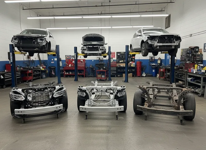 Cross-section comparison view of modern vehicle frame construction showing aluminum and composite components alongside old...