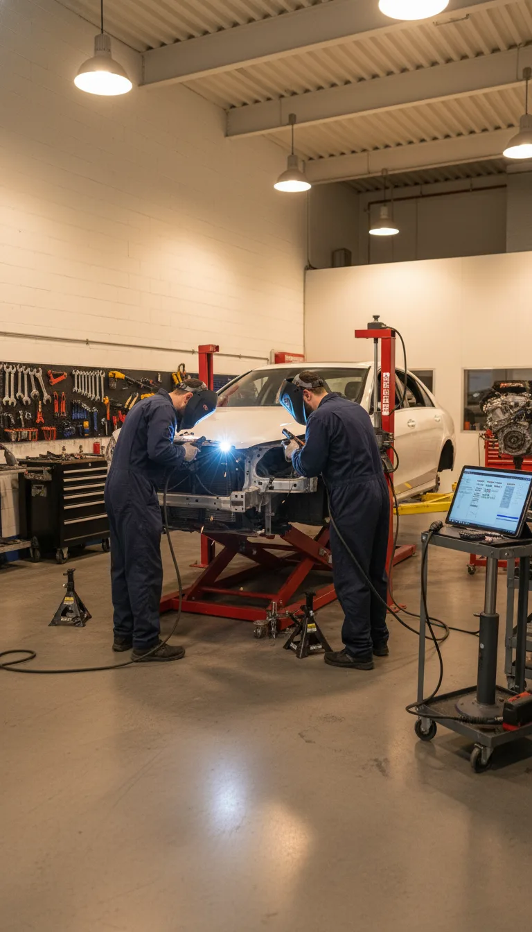 Technicians in a well-equipped auto body shop using specialized aluminum welding equipment and frame repair tools on a veh...