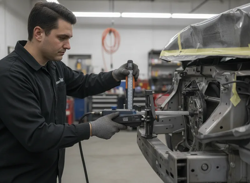 A technician using precision measurement tools on a vehicle's frame during inspection