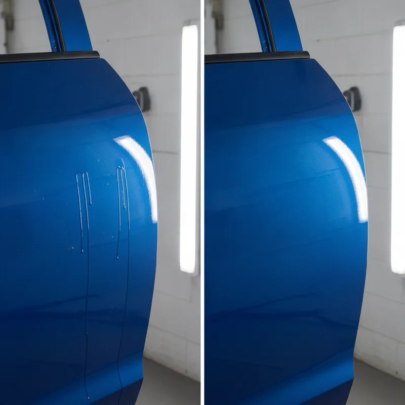 Split-screen comparison showing a poorly painted car panel with visible runs, dust particles, and color mismatch on the le...