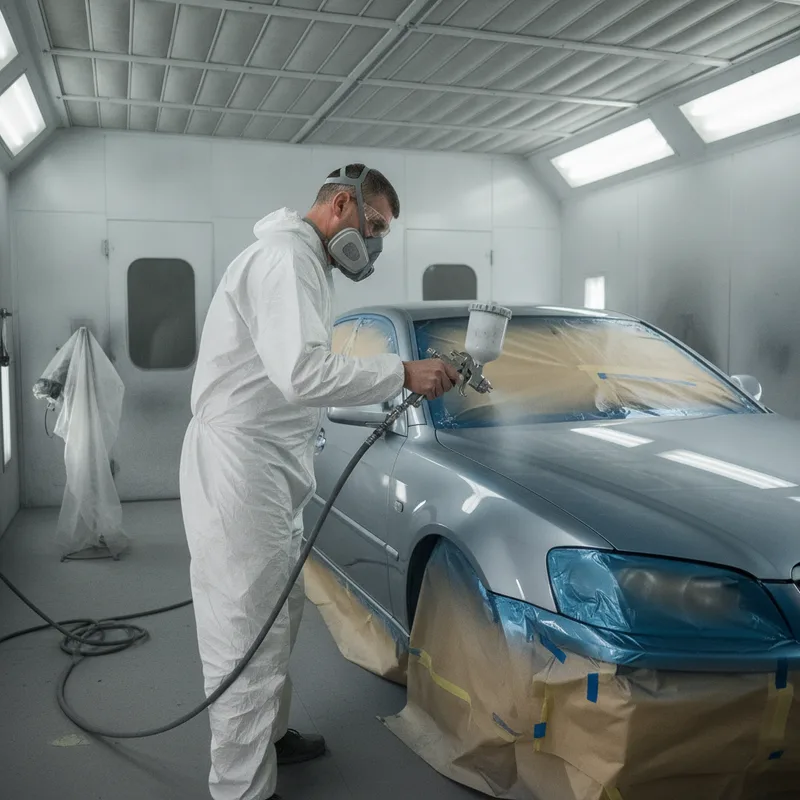 Technician in paint booth wearing protective gear, working on a vehicle section with spray gun