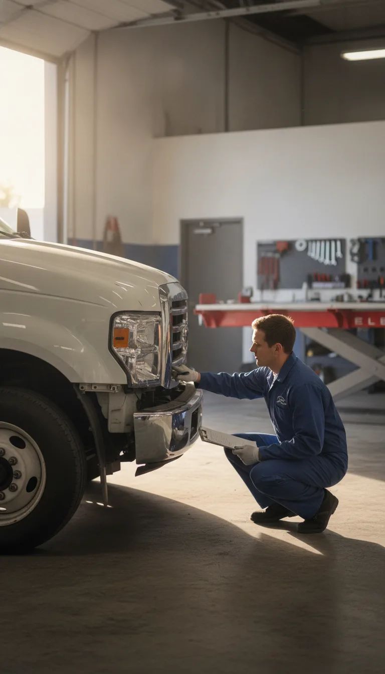 Commercial delivery truck or fleet vehicle with collision damage alongside a technician in uniform inspecting the damage w...