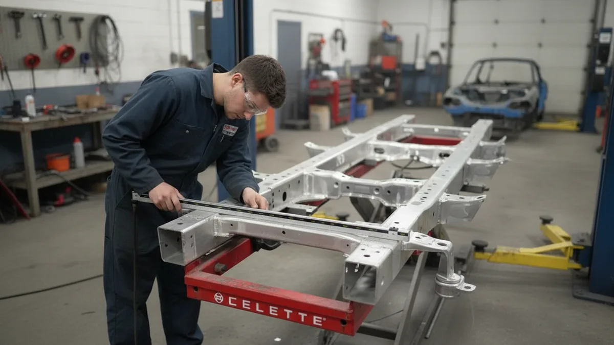 Auto body technician inspecting an aluminum vehicle frame secured in a repair jig.