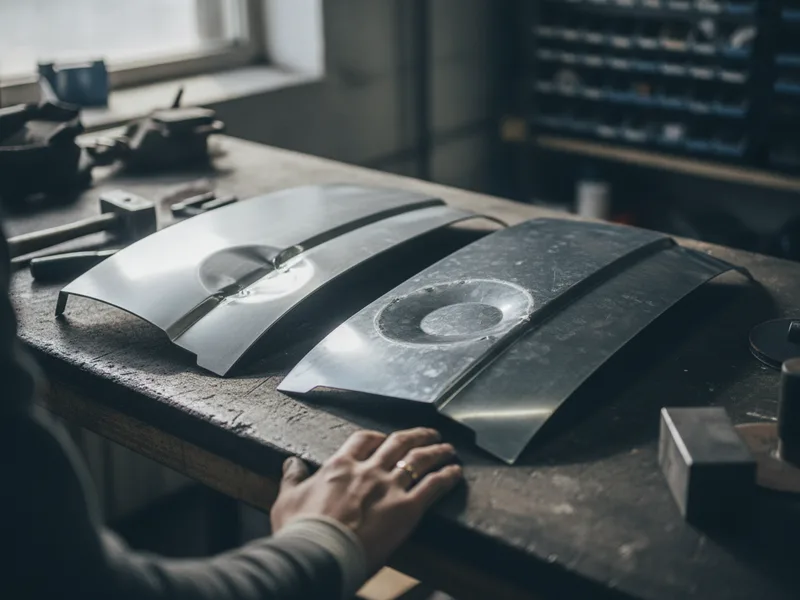 Aluminum and steel vehicle panels displayed side by side on a workshop table.