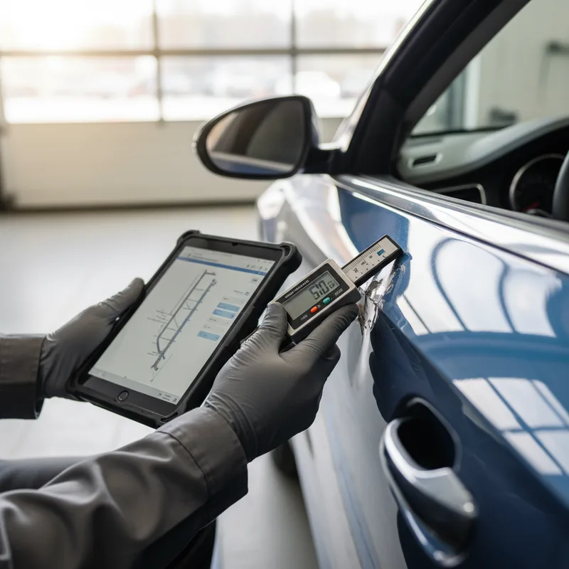 Close-up overhead shot of a technician's hands documenting vehicle damage with a digital tablet and measurement gauge agai...