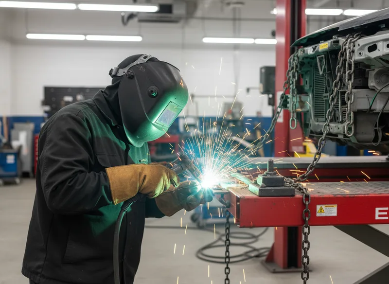 A technician performing precision welding on a vehicle frame in a professional shop setting