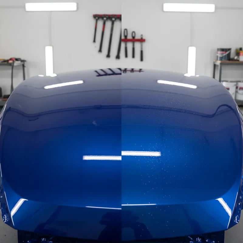 A side-by-side comparison showing a well-prepared vehicle surface being painted versus a poorly prepped surface with visib...