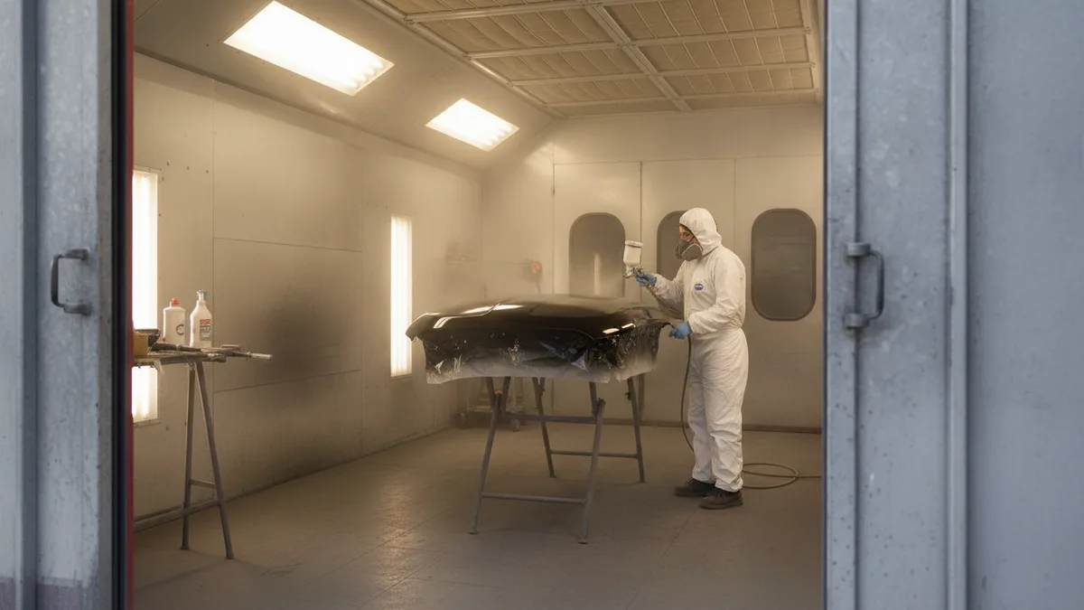 Auto body technician spray-painting a vehicle hood in a professional spray booth with precision equipment.