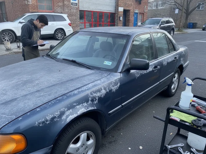 Vehicle with faded and discolored paint across multiple panels showing oxidation damage.