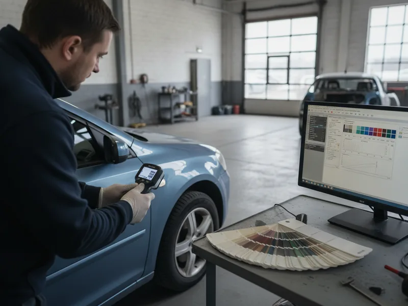 Auto painter using precision color-matching equipment to sample original vehicle paint.