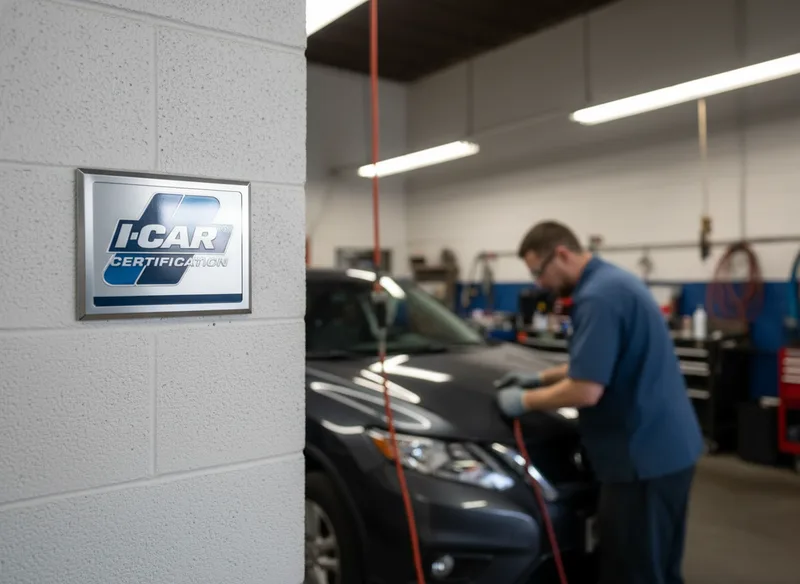 Close-up of an I-CAR certification credential or badge displayed on a shop wall, with a technician in the background condu...