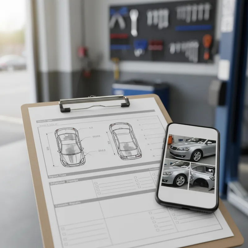 A close-up overhead shot of a technician's clipboard showing a detailed damage assessment form with vehicle diagrams, meas...