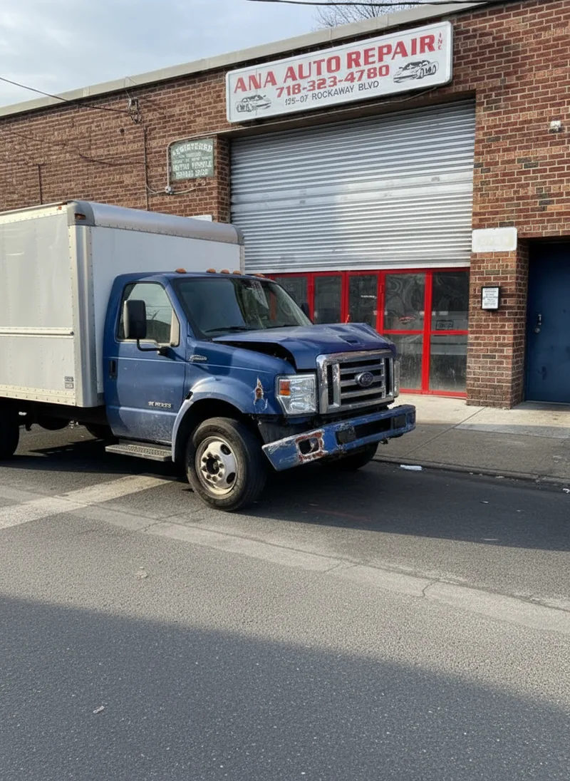 A delivery truck or commercial vehicle with visible collision damage parked in front of ANA Auto Repair's South Ozone Park...