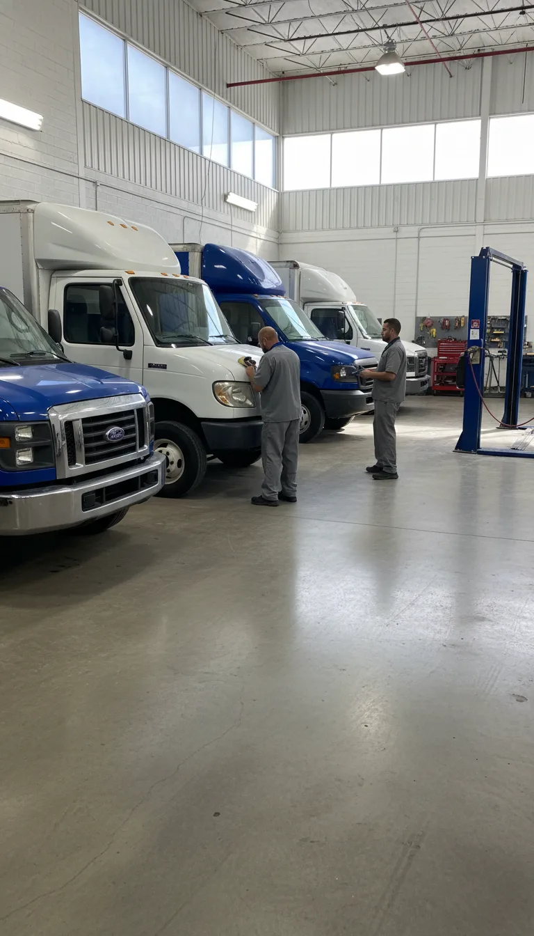 Multiple commercial delivery trucks and vans parked in a neat row at a professional auto body shop facility, with technici...