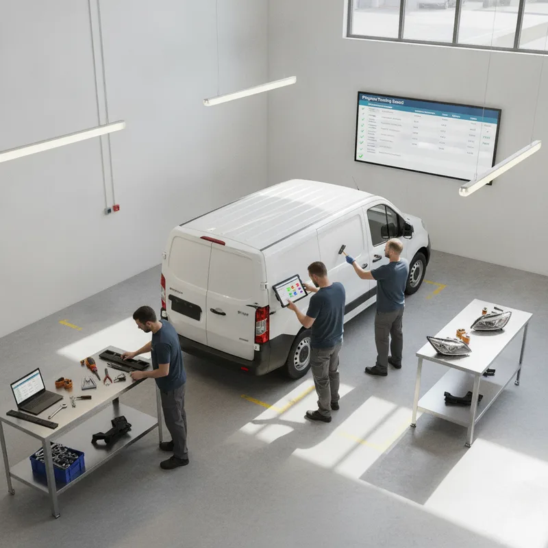 Overhead view of a commercial delivery vehicle being worked on by multiple technicians simultaneously in a modern body shop