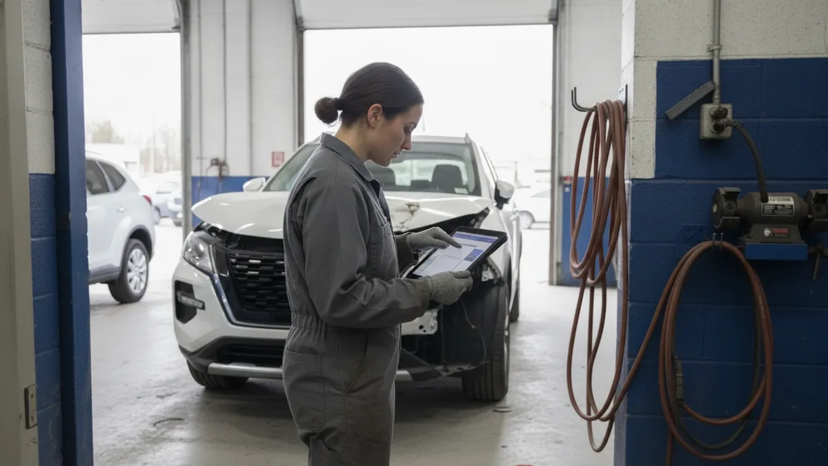 A technician examines a damaged vehicle with a tablet in a bright auto body shop bay.