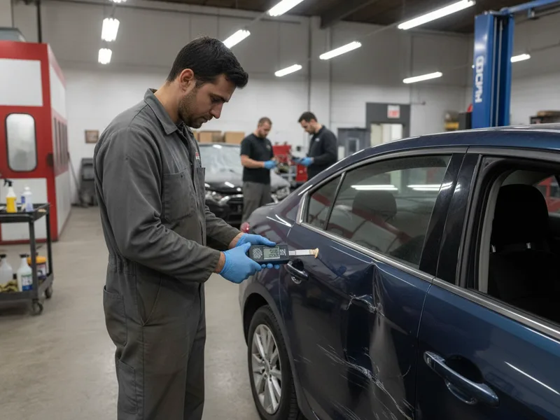 A technician uses a paint depth gauge to measure damage on a vehicle's door panel.