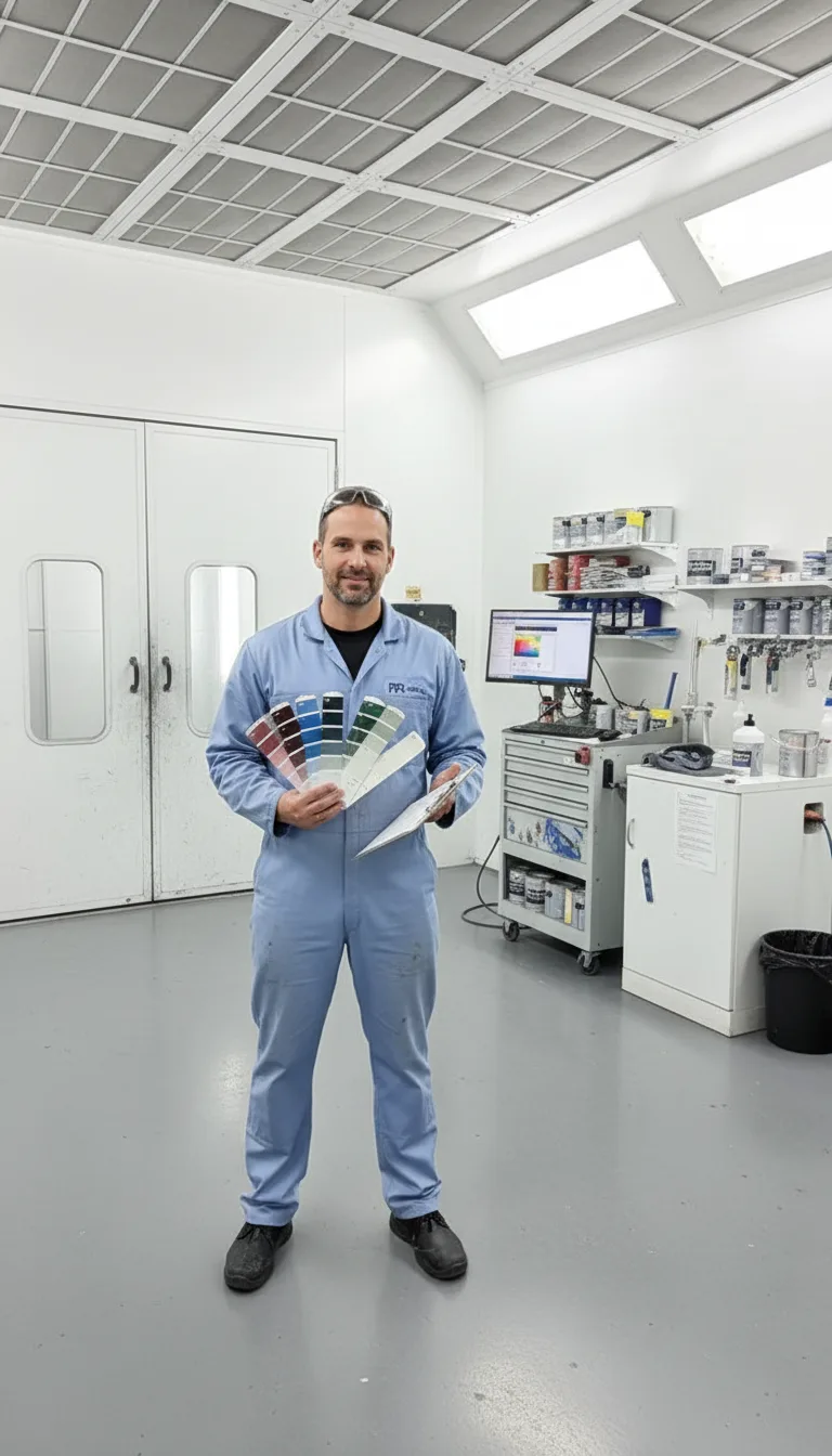 A certified technician holding PPG paint samples and documentation in a modern paint facility, surrounded by professional ...