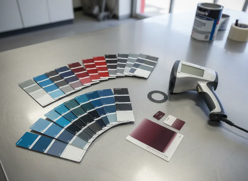 Multiple paint color samples and swatches arranged on a work surface with a spectrophotometer device visible, showing the ...