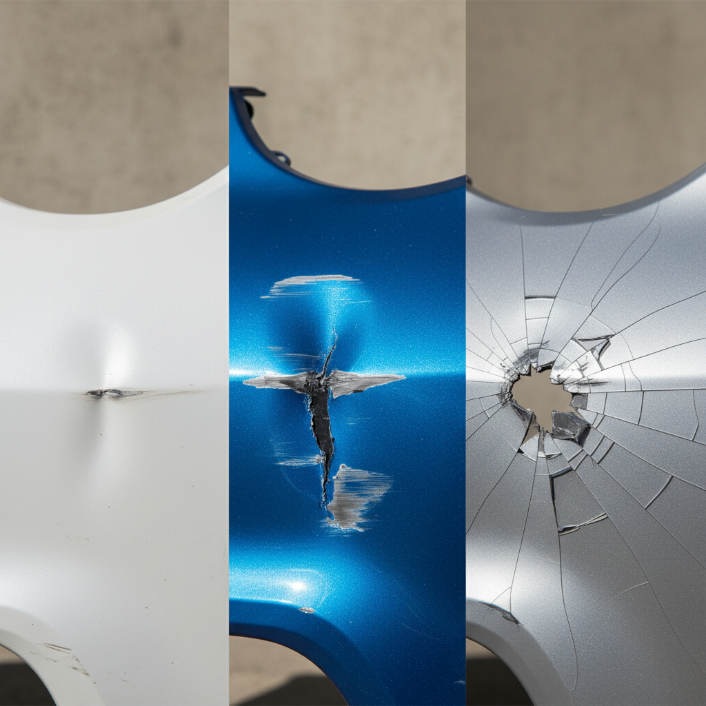 A realistic close-up photograph showing three different bumper damage examples side-by-side: a shallow plastic dent on one bumper, a deep crease with paint damage on another, and cracking damage on a third bumper. Use natural lighting to show texture and damage severity clearly.