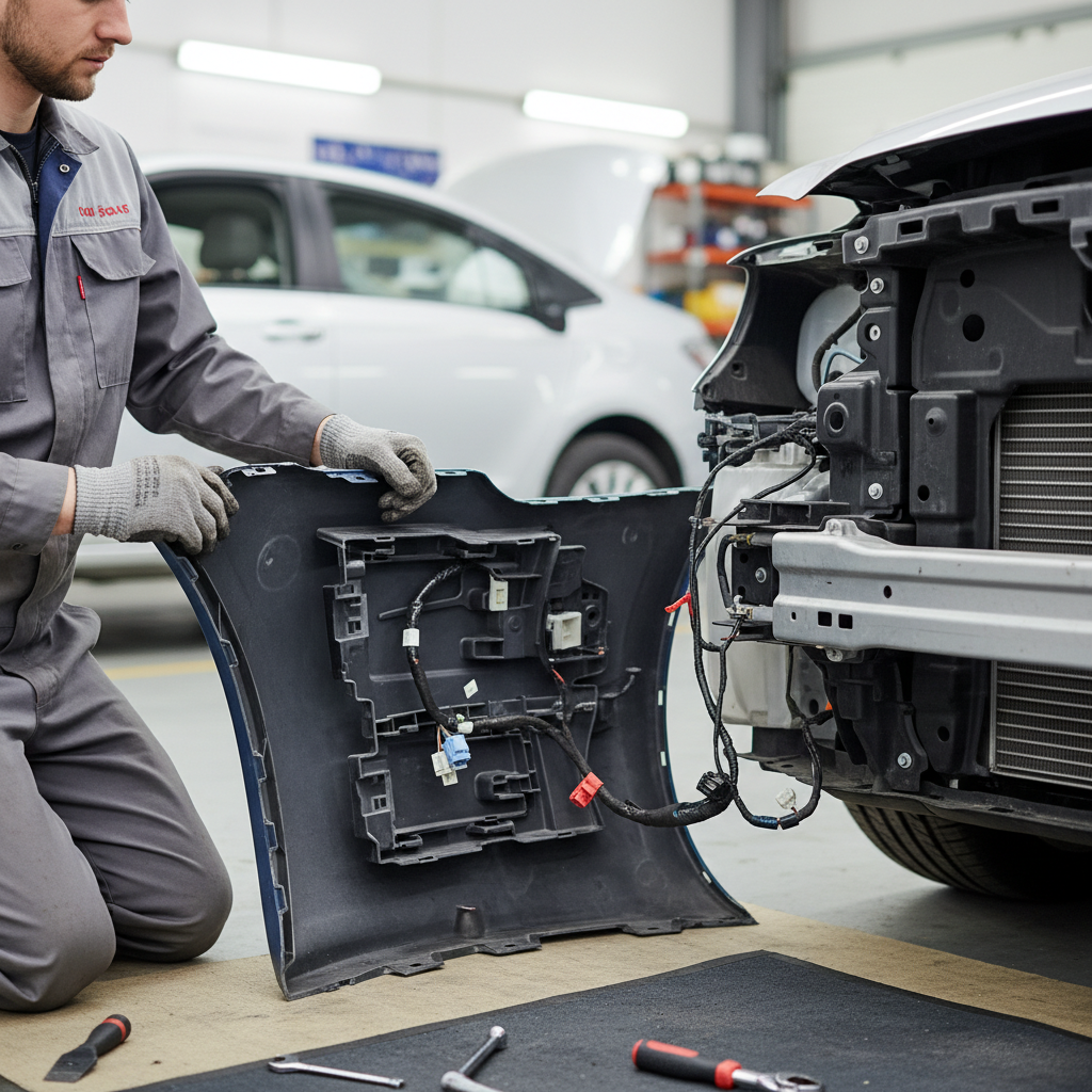 A realistic photograph of a professional technician removing or installing a bumper in a well-lit auto body shop. Show the bumper being held, disconnect points, and the vehicle section where it attaches. This demonstrates the complexity of the replacement process.