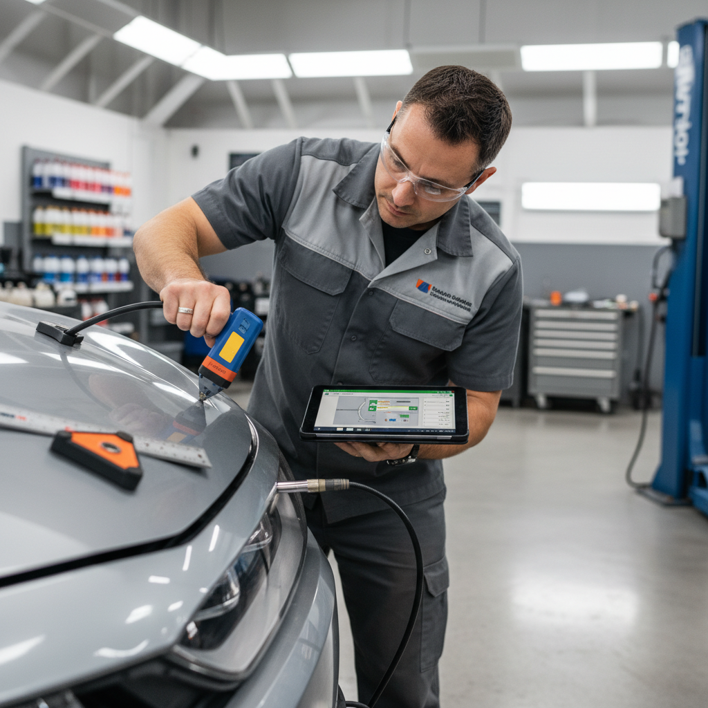 A realistic close-up photograph of a skilled auto body technician using professional assessment tools and a digital tablet to document vehicle damage. The technician is examining a damaged vehicle panel under bright overhead lighting, with measurement tools visible. The scene shows meticulous attention to detail and professionalism in a well-equipped inspection area of a collision repair facility.