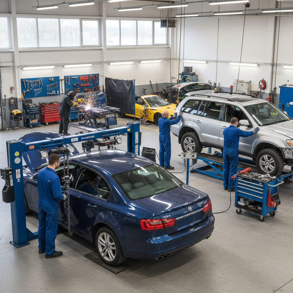 A realistic photograph of an auto body repair workshop showing multiple stages of vehicle repair in progress. One vehicle is in a frame straightening system with precision equipment, another shows technicians working on panel replacement, and a third displays welding work. The scene captures the complexity and skill involved in professional collision repair, with organized tools and professional technicians in protective gear throughout the well-lit facility.