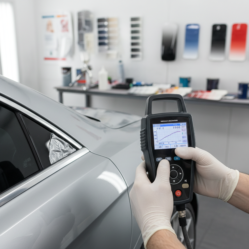 A close-up photograph of a professional spectrophotometer device being held against a vehicle's painted surface in a paint booth. Show the digital display screen showing color values and measurements, with the technician's hands steady and professional. Include blurred paint samples and color swatches in the background, demonstrating the precision measurement process in a realistic shop environment.