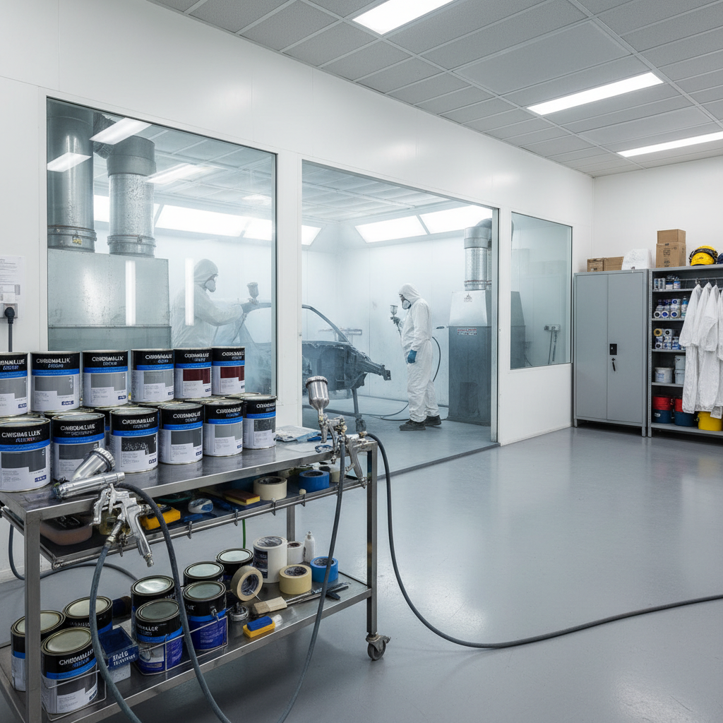 A realistic photograph of a professional automotive paint facility showing state-of-the-art equipment including spray guns, air filtration systems, and a climate-controlled paint booth. Show cans of premium automotive paint, various application tools, safety equipment worn by technicians, and organized storage of materials. The image should convey cleanliness, professionalism, and technical expertise.