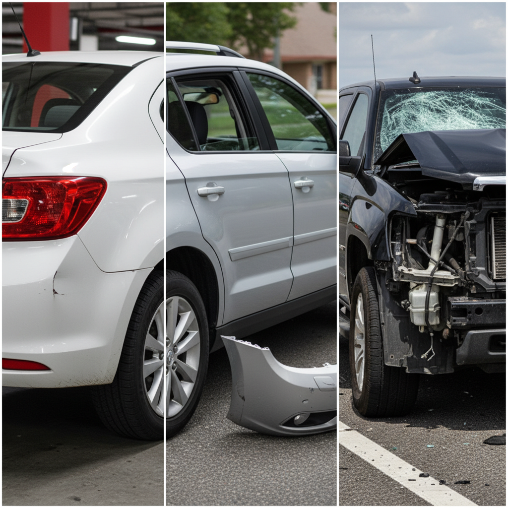 A realistic split-screen comparison showing three vehicles with different collision damage levels: a minor fender dent, moderate bumper and door damage, and a severe front-end structural impact. Clear, professional automotive photography style showing the damage clearly.