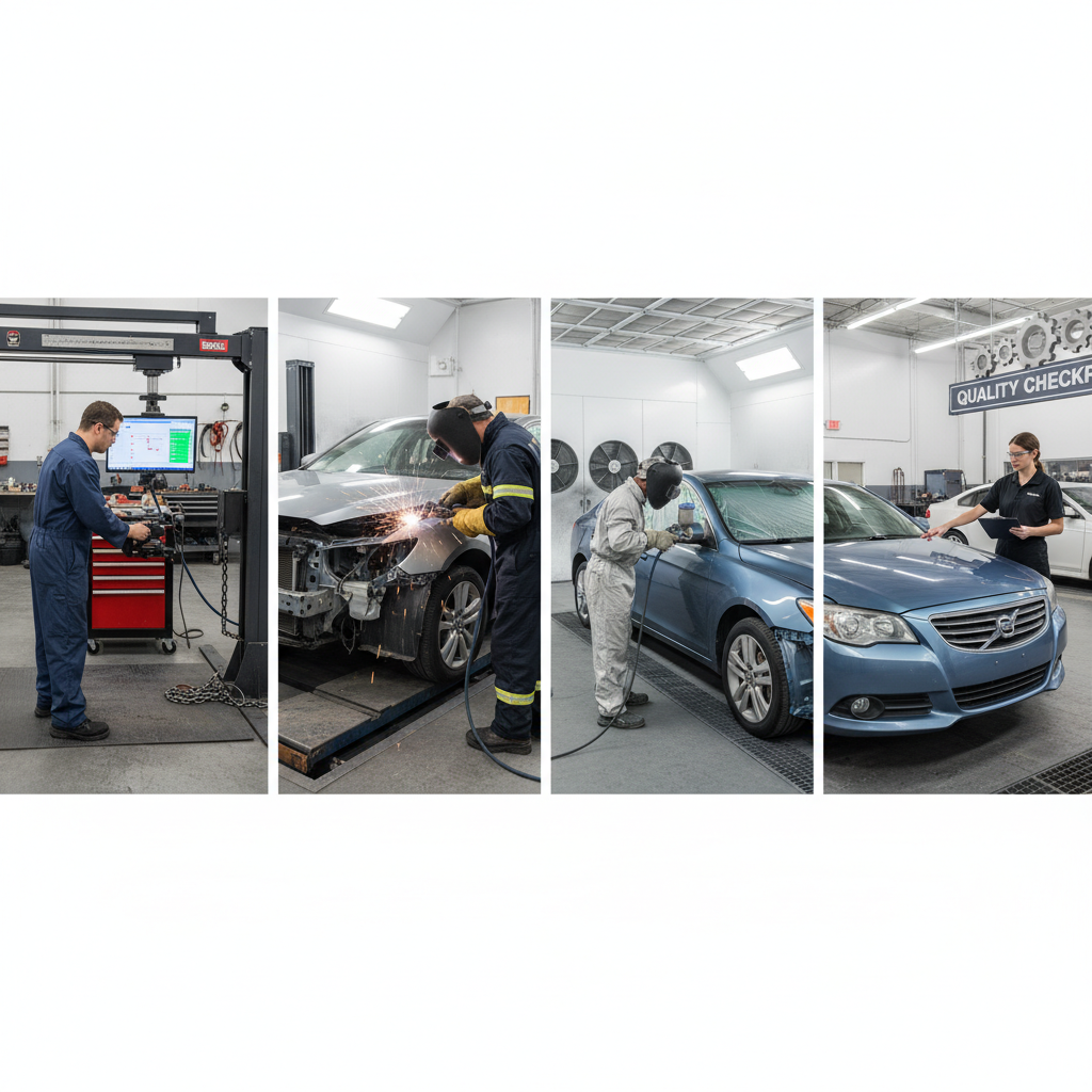 A realistic sequence of four photographs showing the collision repair workflow: 1) a technician measuring frame alignment with specialized equipment, 2) welding or structural repair work being performed, 3) auto body painting in a professional spray booth, and 4) a technician performing final quality inspection. Professional workshop setting.