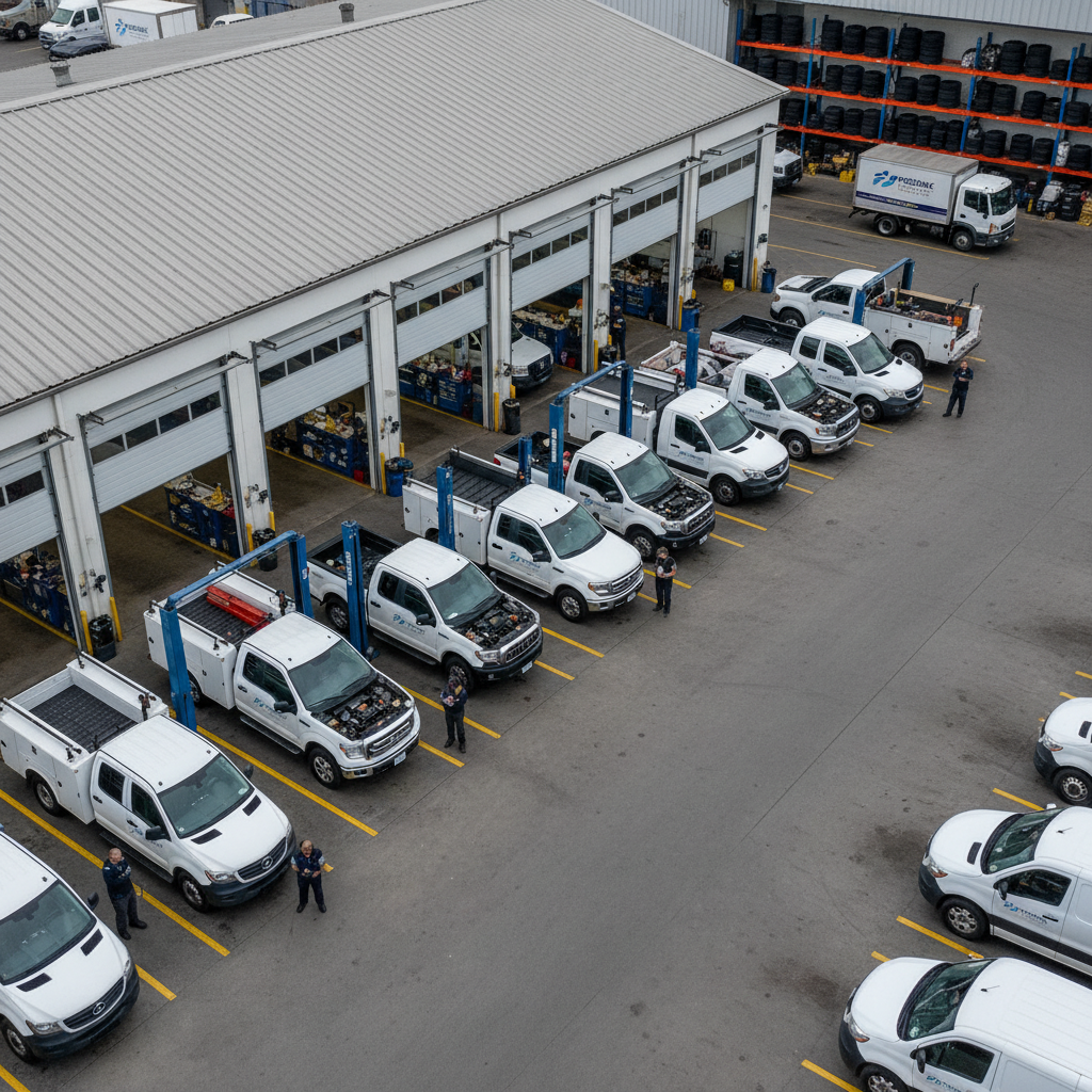 A realistic overhead view of a Phoenix fleet maintenance facility showing multiple commercial trucks lined up for inspection and repair work. Include various truck types (pickup trucks, work vehicles, delivery vans) with technicians performing diagnostics. The image should convey organization, systematic service, and professional fleet management infrastructure.