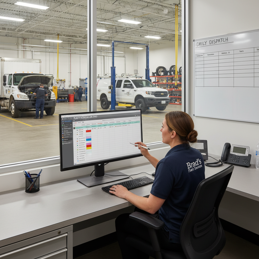 A realistic photograph showing a service coordinator at a desk in Brad's facility, with a computer screen displaying a fleet scheduling system. Include multiple service bays with vehicles in different repair stages visible in the background. The image should communicate organization, efficiency, and professional fleet management coordination.