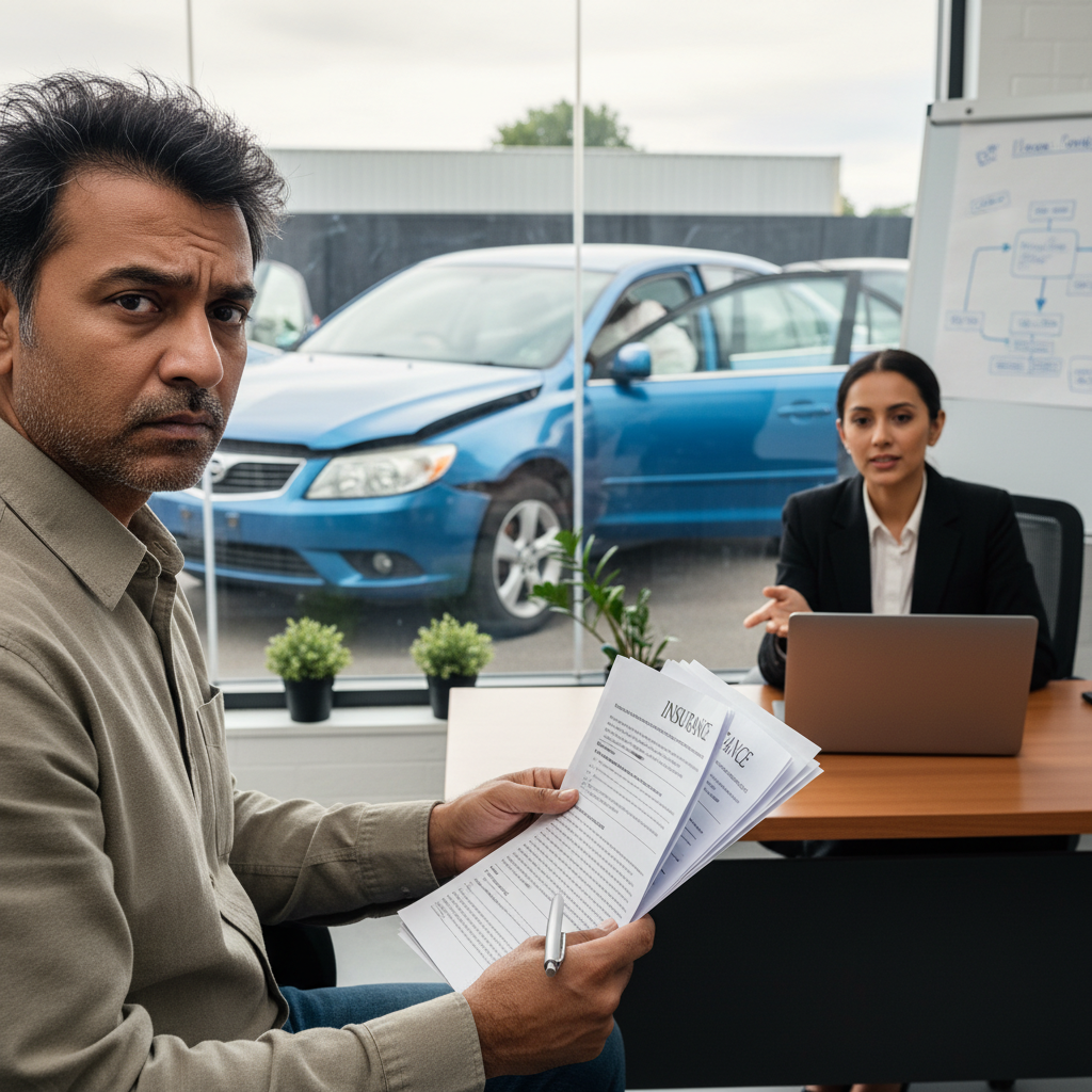 A realistic photograph of a stressed vehicle owner holding insurance paperwork with a damaged car in the background, sitting in a consultation room. Professional, empathetic atmosphere showing the burden of accident claim navigation.