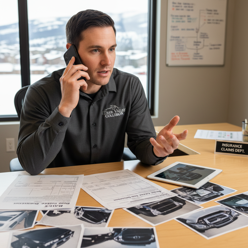 A professional photograph of Brad's Deer Valley Collision staff member communicating with an insurance adjuster on the phone in a modern office setting, with vehicle damage assessment reports and photographs on the desk, representing direct insurer communication.