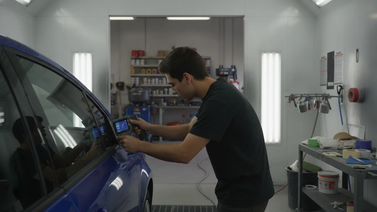 Technician using a color-matching device on a vehicle in a Phoenix auto body paint shop.