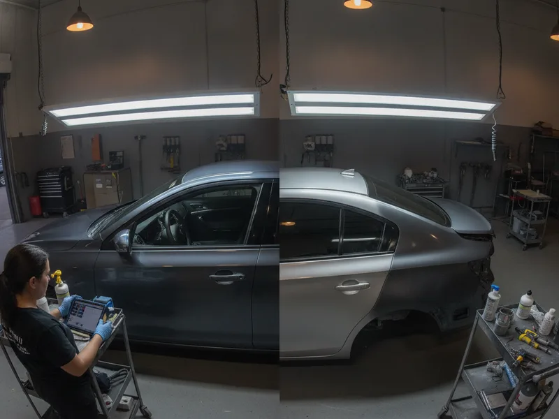 Side-by-side vehicle panels under professional paint-matching lights showing identical color finish.